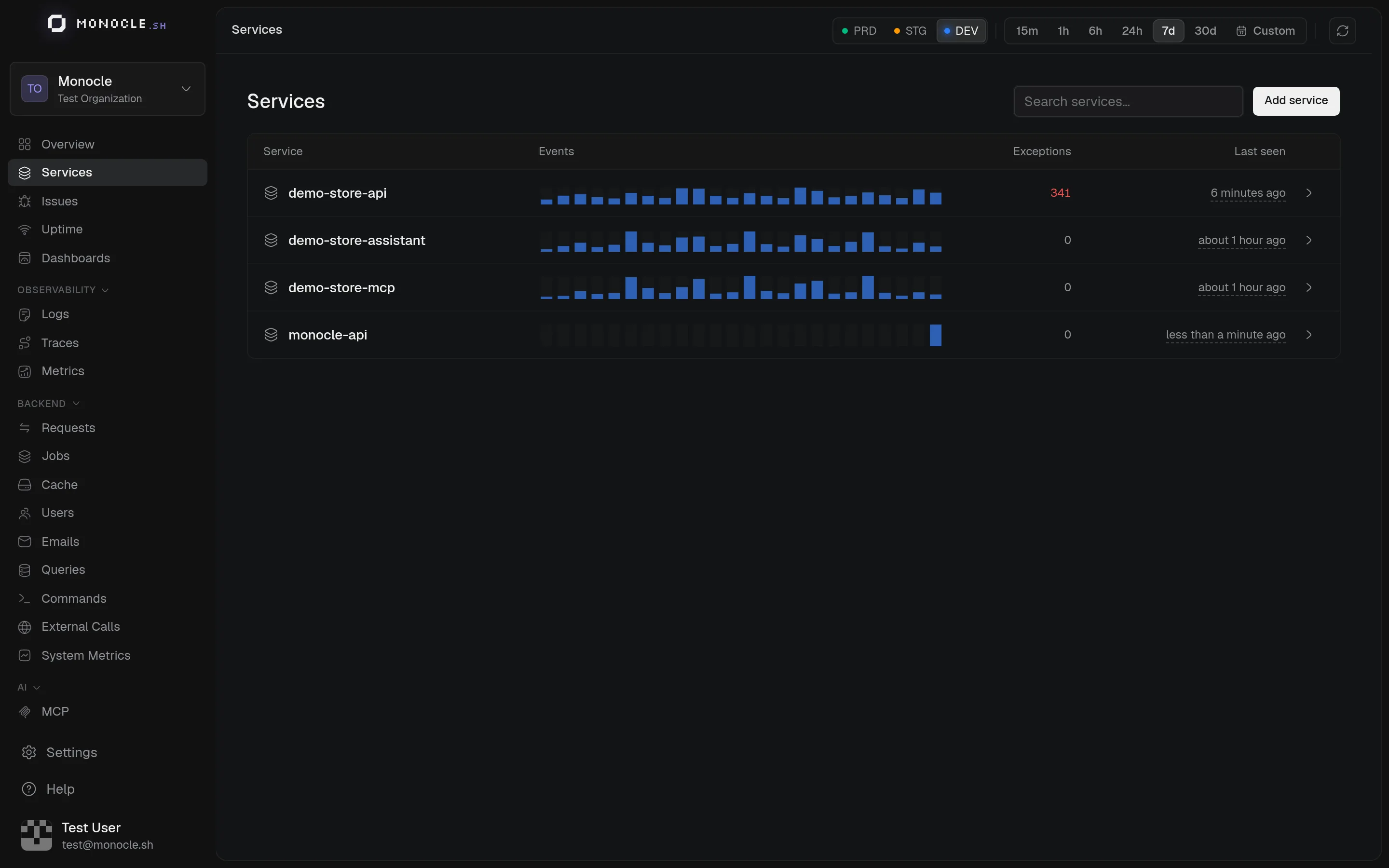 Services page listing four services with their event sparkline, exception count, and last seen time