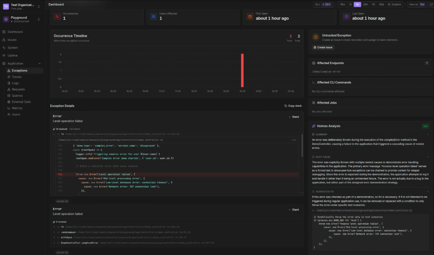 Monocle exception tracking with stack traces