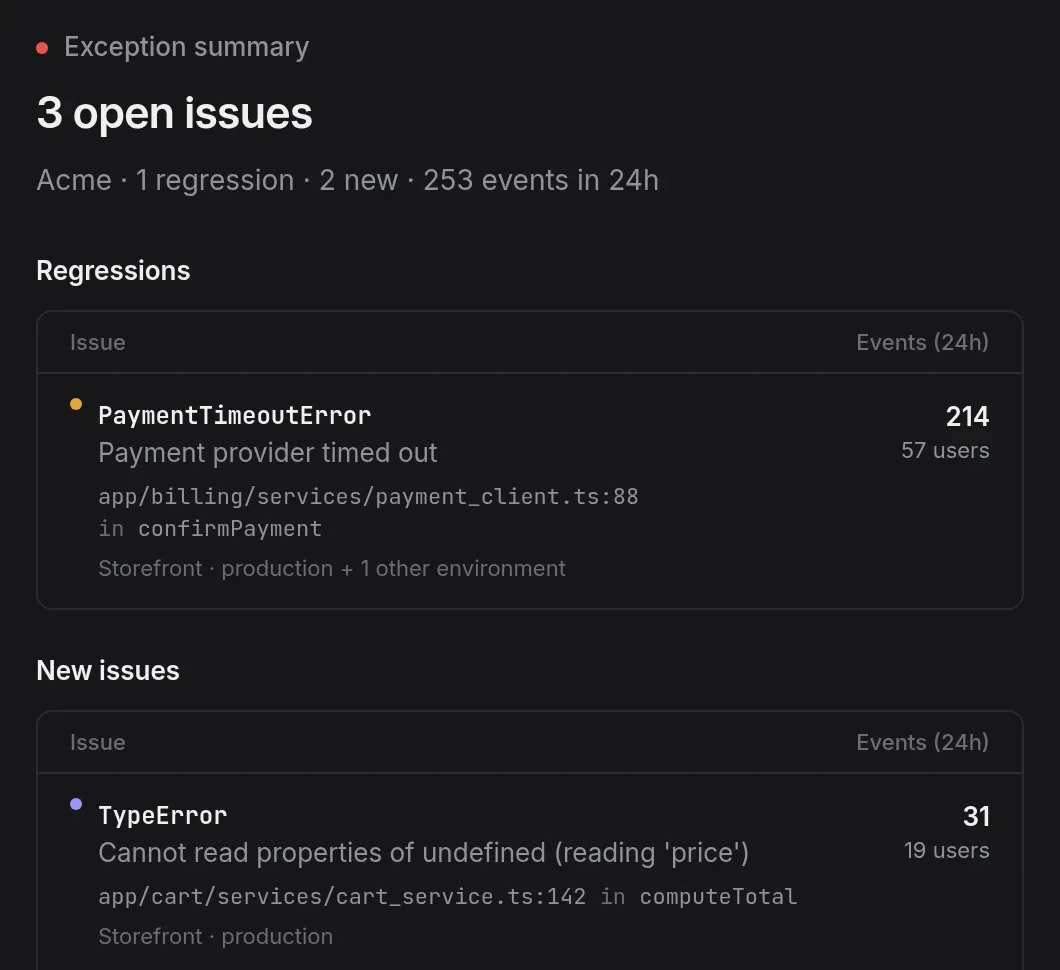 Exception summary email with one regression and two new issues, their events, and affected users
