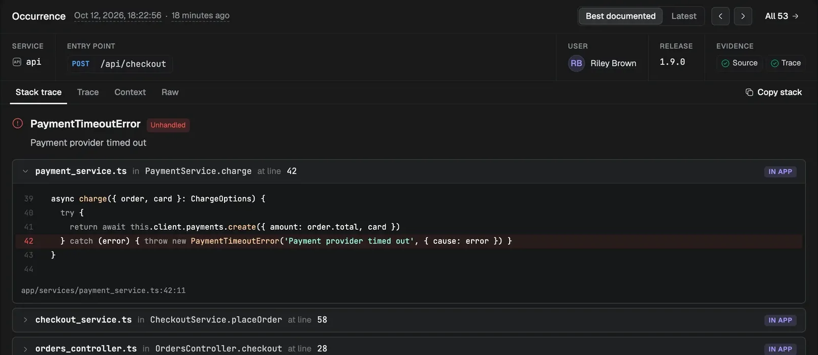 Occurrence of an issue with its service, entry point, user, and release 1.9.0