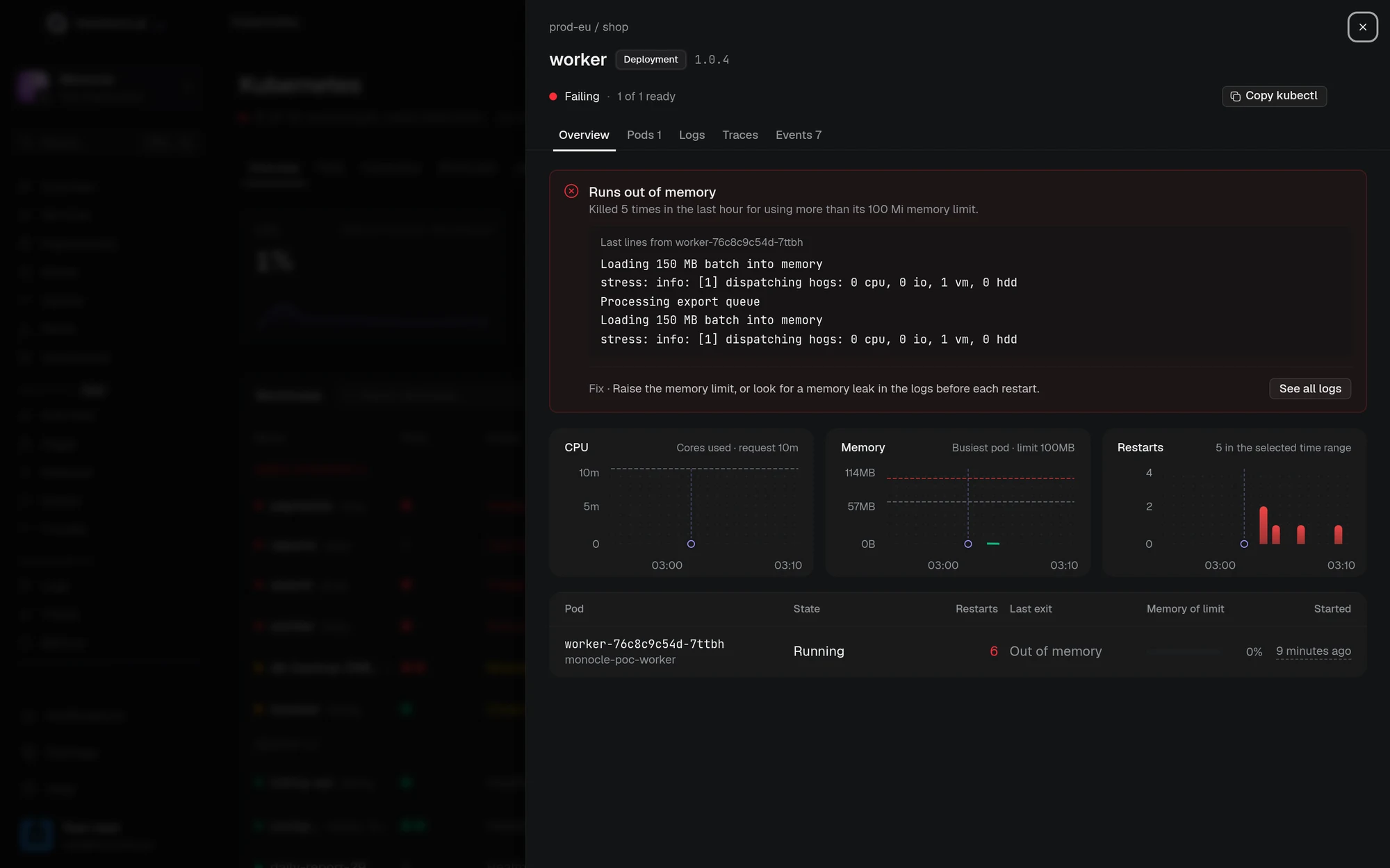 Panel of a worker deployment: Runs out of memory, killed 5 times in the last hour for using more than its 100 Mi memory limit, with a suggested fix