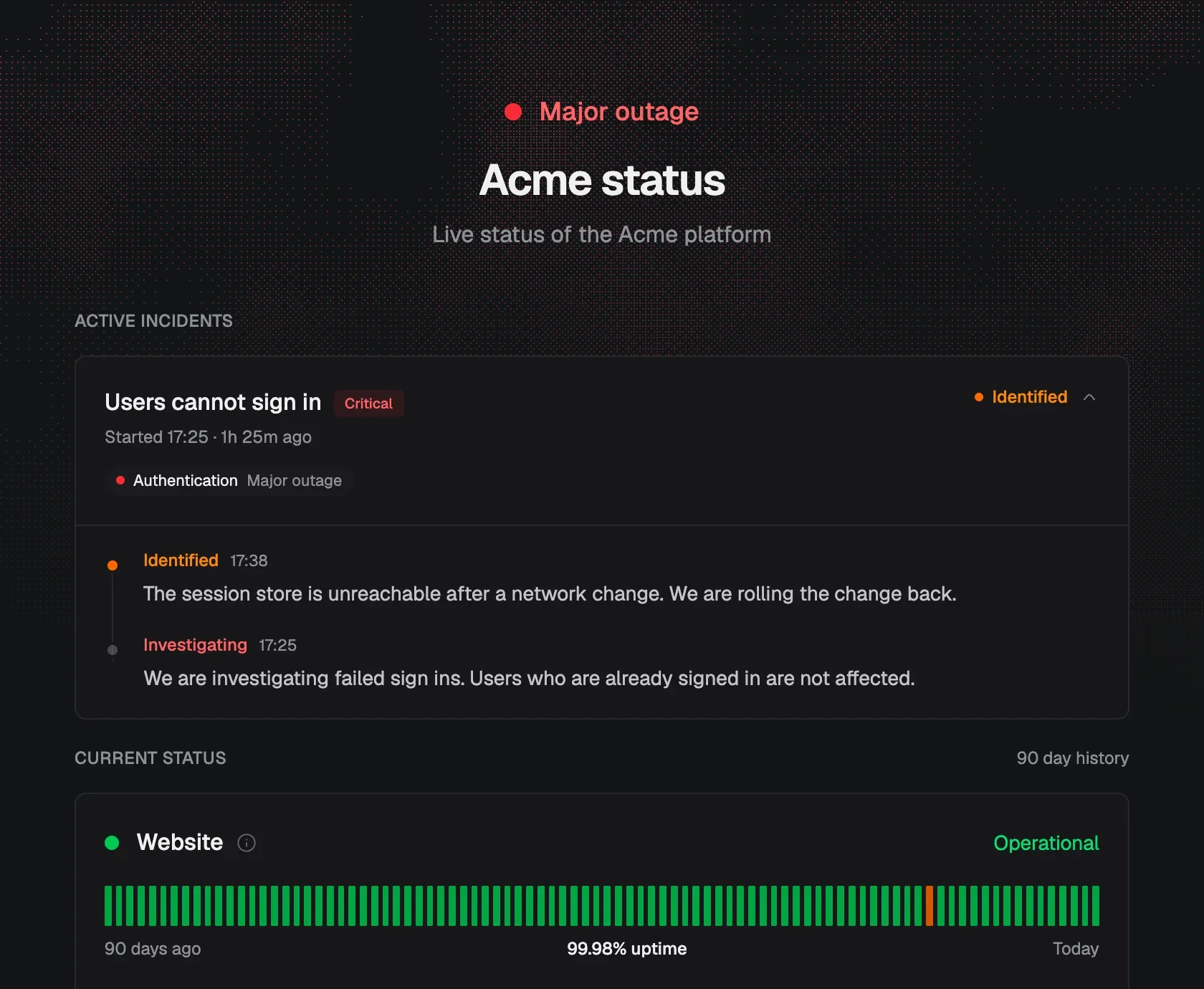 Public status page with a critical incident, its updates, and the 90-day uptime of a resource